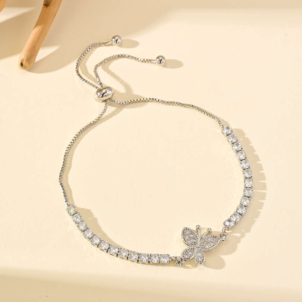 Light Inlaid Butterfly Bracelet for Women, Ins Fashion High-end Full Dia Adjustable Push-pull Chain Jewelry
