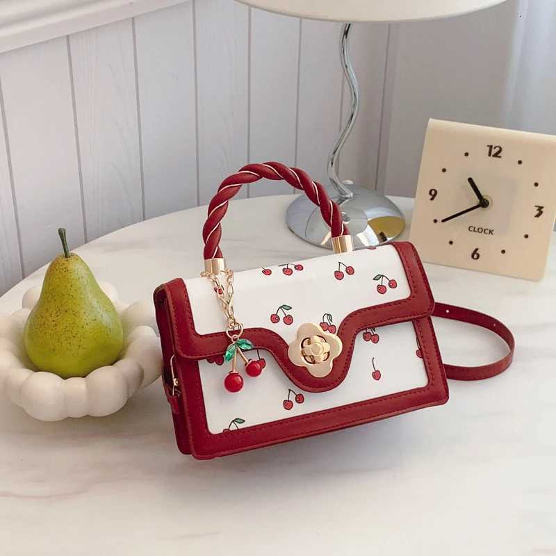 Fashion Cherry Print Top-Handle Bag Ladies Sweet Crossbody Bag Luxury Brand Small Square Bag 2024 Women High Quality Sling Purse Y250719