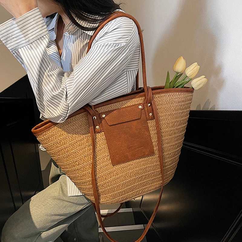 Women Str Woven Bag Str Shoulder Purse Large Capacity Stylish Crossbody Bag Weaving Satchel Bag Patchwork Vacation Bag Y250719