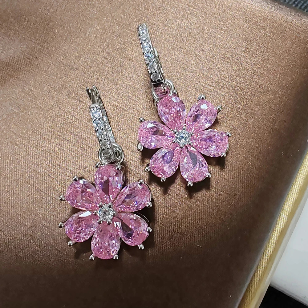 Pink Flower Sparkling Zircon S925 Silver Drop Earrings for Women Vintage Jewelry Wedding Engagement Hoop Earrings Gifts 250715