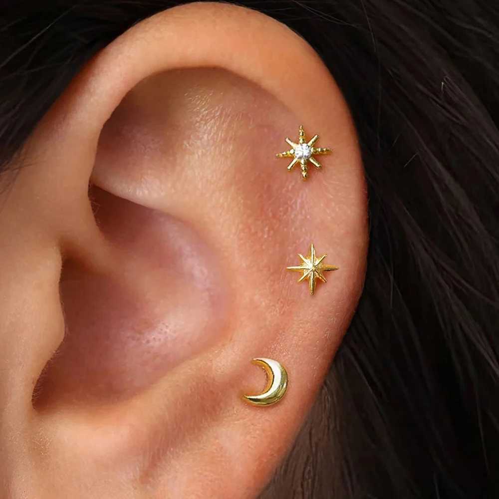 3-Piece Stainless Steel Star Moon Ear Stud Earrings Set for Women Daily Wear Cartilage Piercing Earring Punk Unisex Rock Jewelry XJ250718