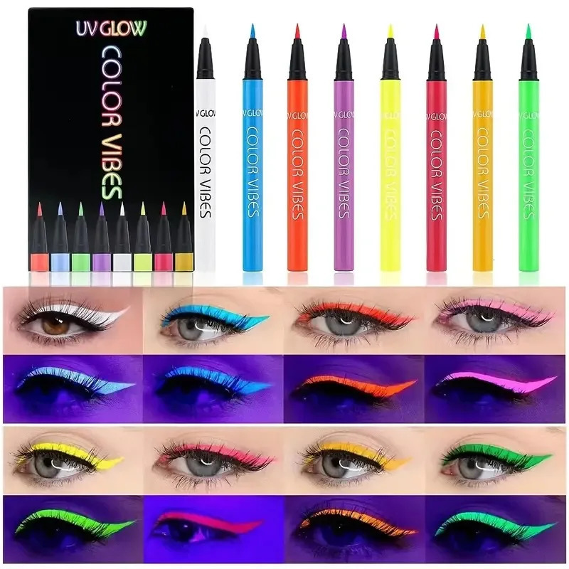 UV GLOW Vibrant 8pcs Fluorescent Eyeliner Pencil SetMatte Glow Waterproof Sweatproof Quick-Dry for Chrismas Haloween Party 250716