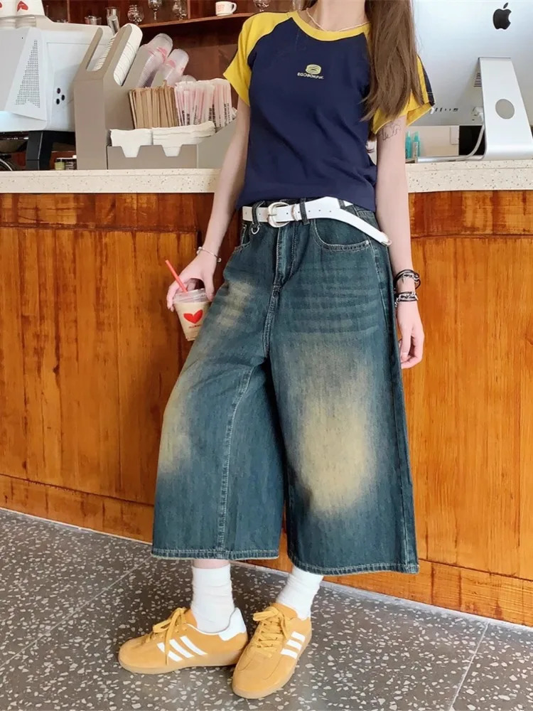 Retro Blue Wide Short Jean Baggy Y2k Jorts Casual Vintage Streetwear Harajuku Korean Style Denim Shorts Basic Summer 2024 250714