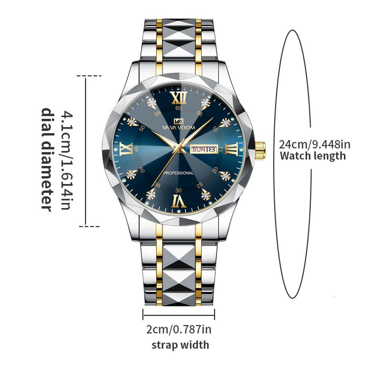 Men Watch Water Diamond Luxury Night Glow Double Calendar Quartz Movement 41mm Blue Gold Stainless Steel Fashion Business Watch W250718