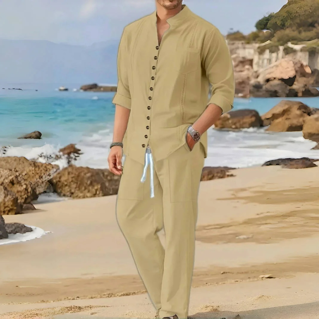 Mens Retro Cotton And Linen Set Spring And Autumn Fashion Stand-up Collar Pocket Long Pants Long-sleeved Two-piece set 250715