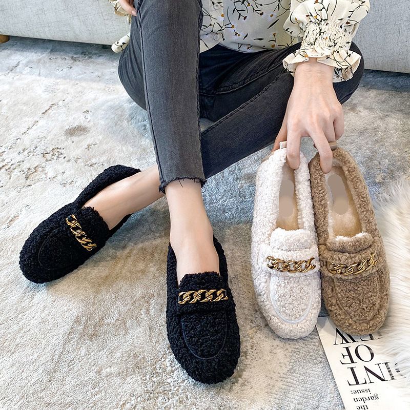 Stylish Lamb Fur Women Platform Metal Decor Vintage Shoes Slip On Plush Lining Female Cork Winter Slides Shoes Woman Furry Soft Sole Casual Oversized 