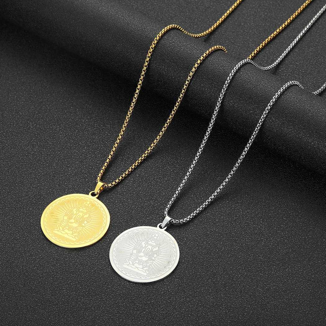Chandr Stainless Steel Ganesha Coin Necklace for Men Lord Medallion Gold Plated Pendant Hindu Him W250718