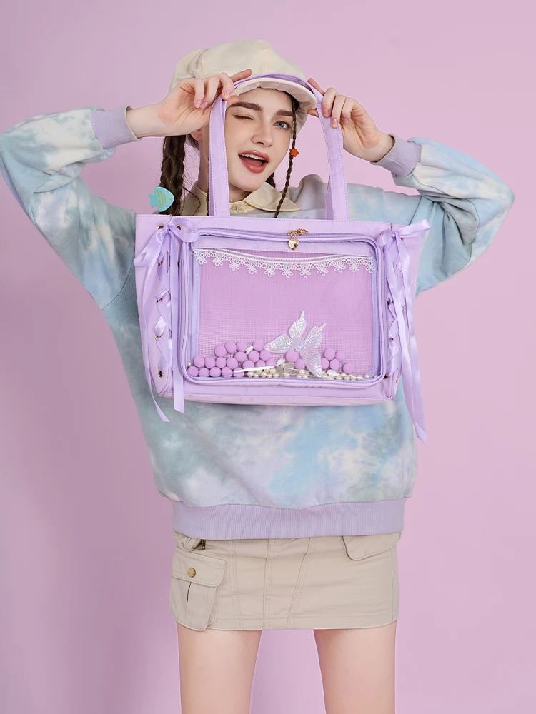 Japanese Large Capacity Satin Ribbon Ita Bag Sweet Girl Anime Transparent Tote Bag Lolita Shoulder Bags Clear Pvc Handbags 250717