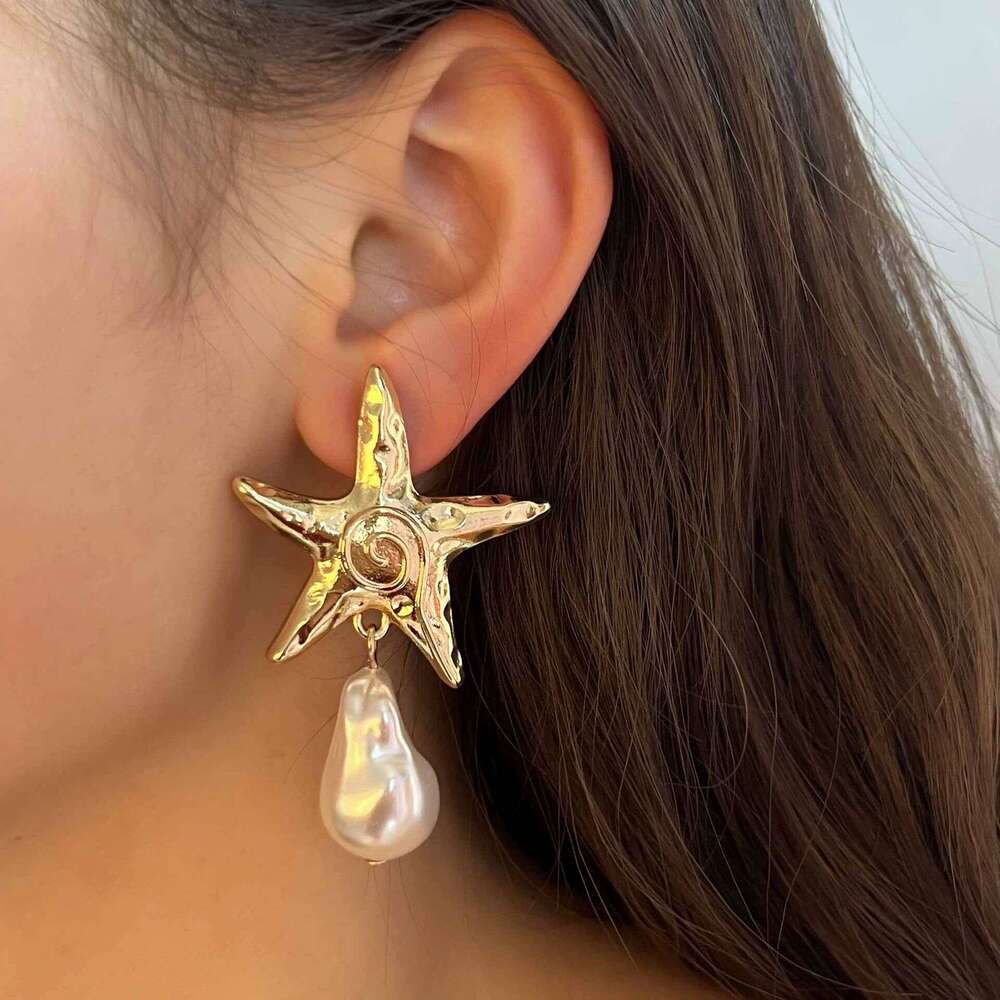Fashionable High-End Alloy Starfish Imitation Pearl Pendant Simple Ocean Vacation Style Earrings for Women