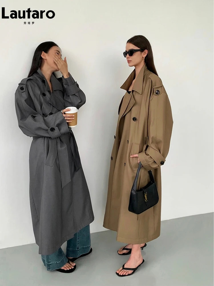 Lautaro Spring Autumn Oversized Khaki Long Grey Trench Coat for Women Double Breasted Loose Casual Korean Fashion Overcoat 250715