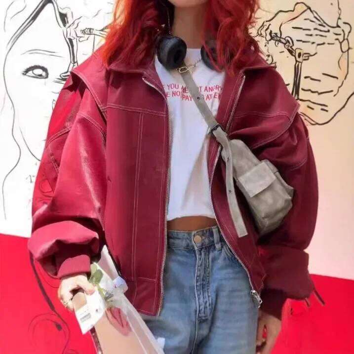 Vintageredzip-up Long Sleeve Leather Jacket Casual Style Lapel Patchwork Autumn/Winter New Arrival From China