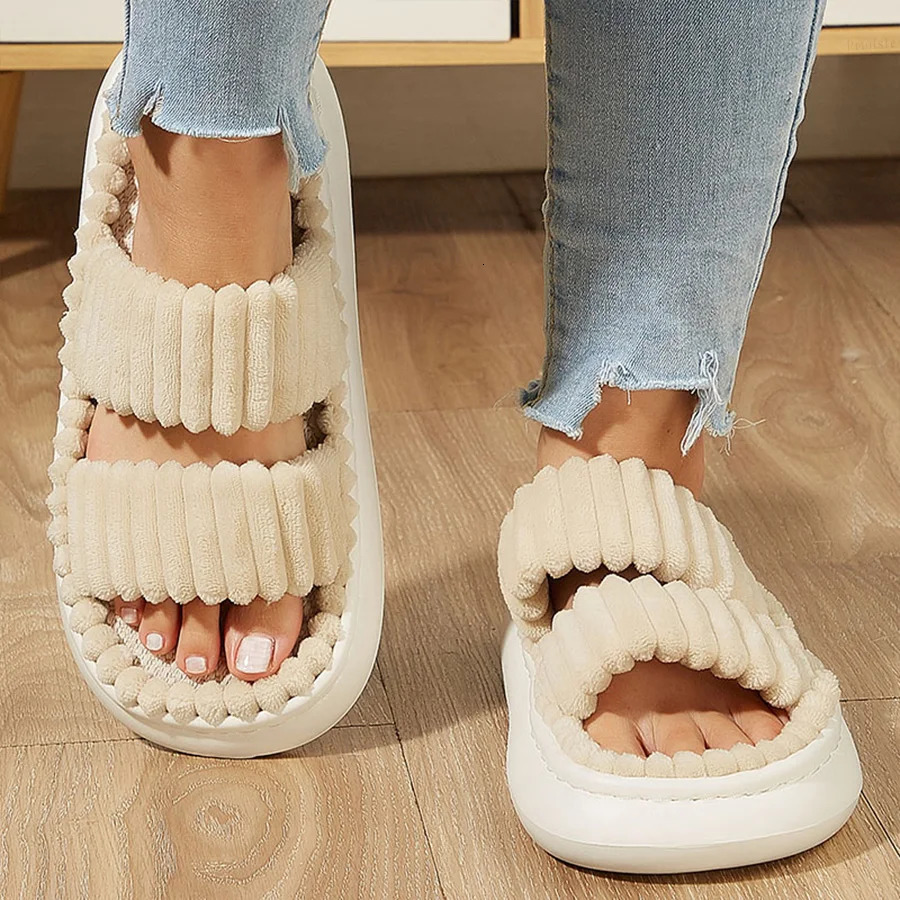 Women Home Slippers Warm Plush Ladies Fluffy Shoes Cozy Open Toe Indoor Fuzzy Slides Bottom Non-Slip Bedroom Slippers 250716