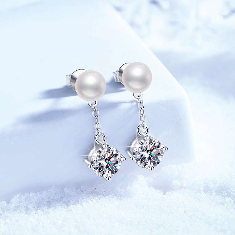s Sterling Sier Natural Freshwater Pearl Classic Four-Prong 1 Carat Moissanite Earrings afe