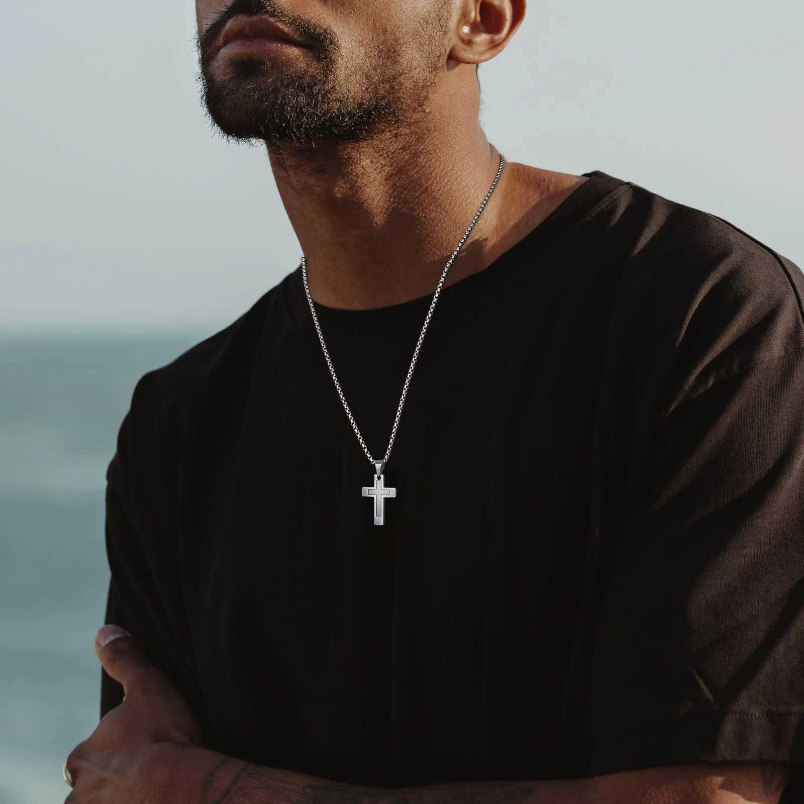 50pcs Stainless Steel Cross Pendants Necklaces Zircon Center Inlayed Christ Cross Collar for Men Wen Faith Jewelry W250718