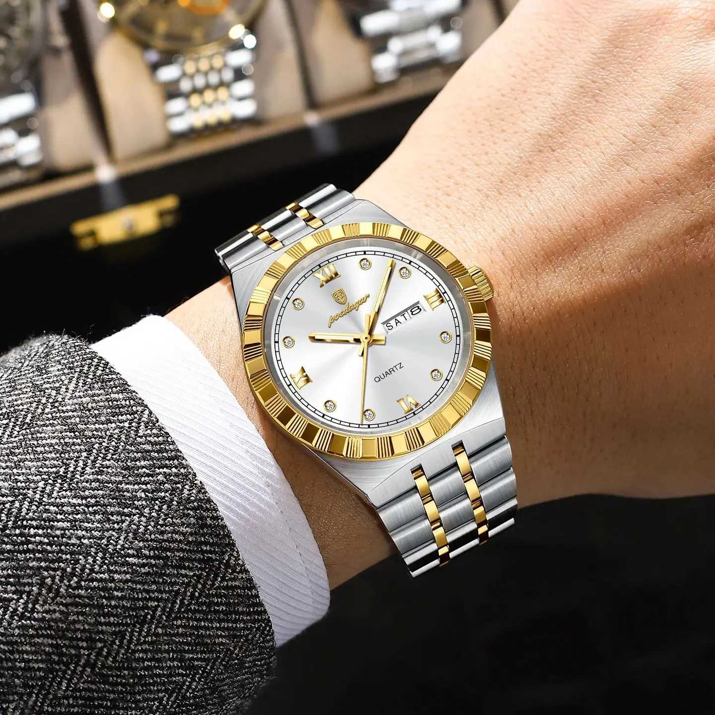 POEDAGAR Luxury Business Male Watch Waterproof Luminous Week Date Mens Wristwatch Stainless Steel Trendy Quartz Watches For Men W250718