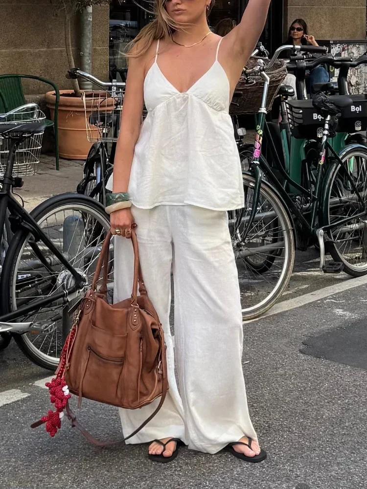 Fashion Solid Cotton Linen Backless Vest Pant Set Women Sleeveless Tank Tops High Waist Wide Leg Pants Suit 2025 Lady Streetwear 250715