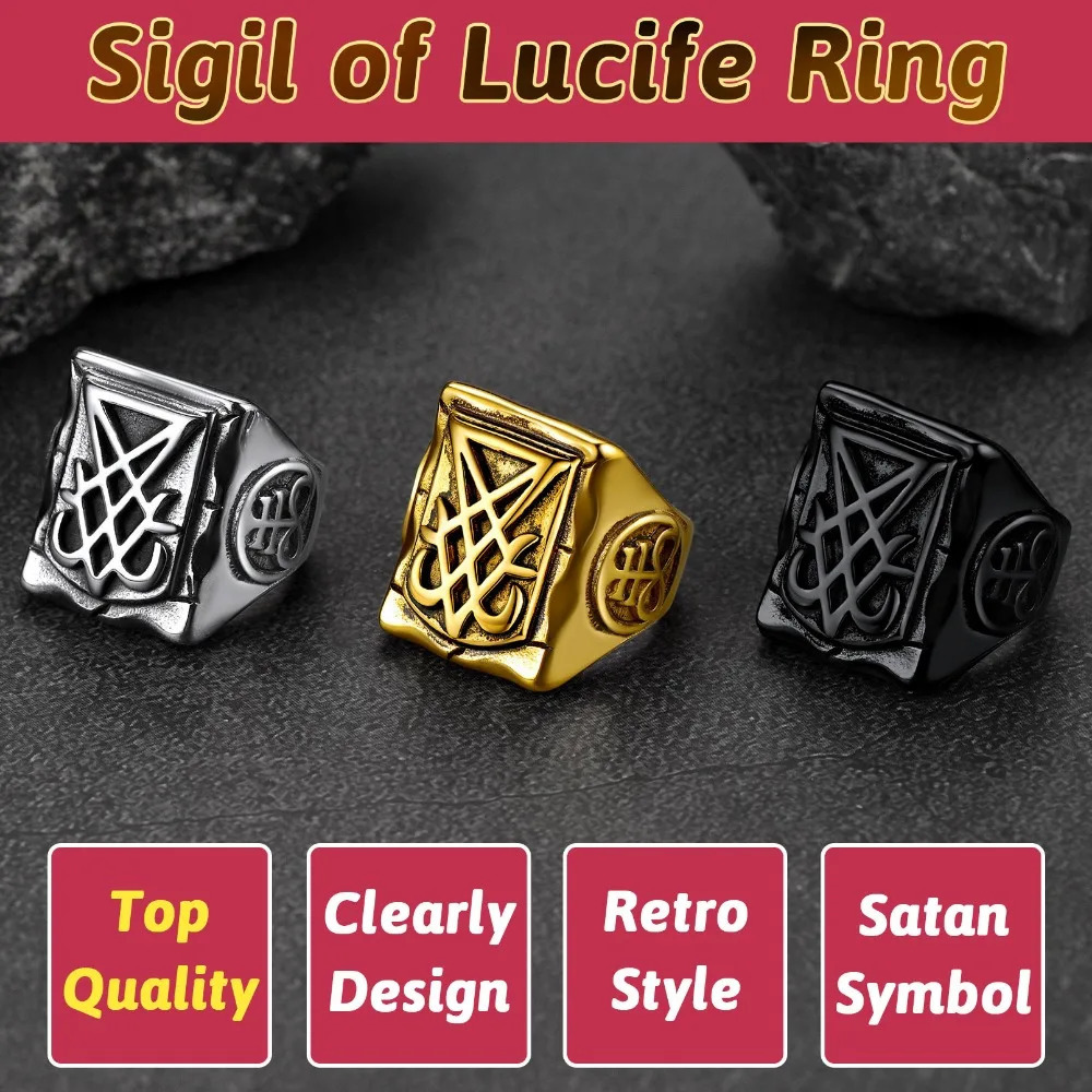 7 Stainless Steel Satan Rings Satanic Symbols Sign Inverted Pentagram Pentacle Leviathan Cross Skull Ring Gothic Punk Jewelry 250717