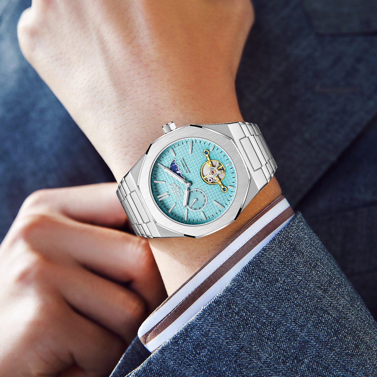 LIGE Men's Mechanical Watch Automatic Tourbillon Stainless Steel Strap 30m Waterproof Watch Moon Phase Fashion Business Watch Holiday Gifts