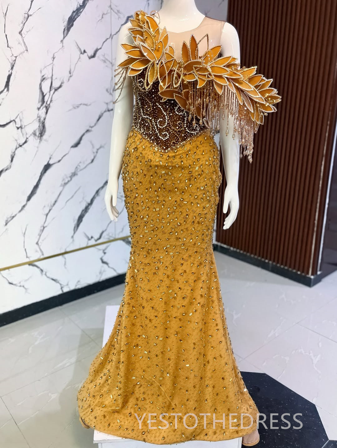 2025 African Gold Aso Ebi Prom Dress Mermaid Prom Dresess Evening Formal Gown Sheer Neck Beaded Lace Rhinestone Birthday Second Reception Gown For Bla