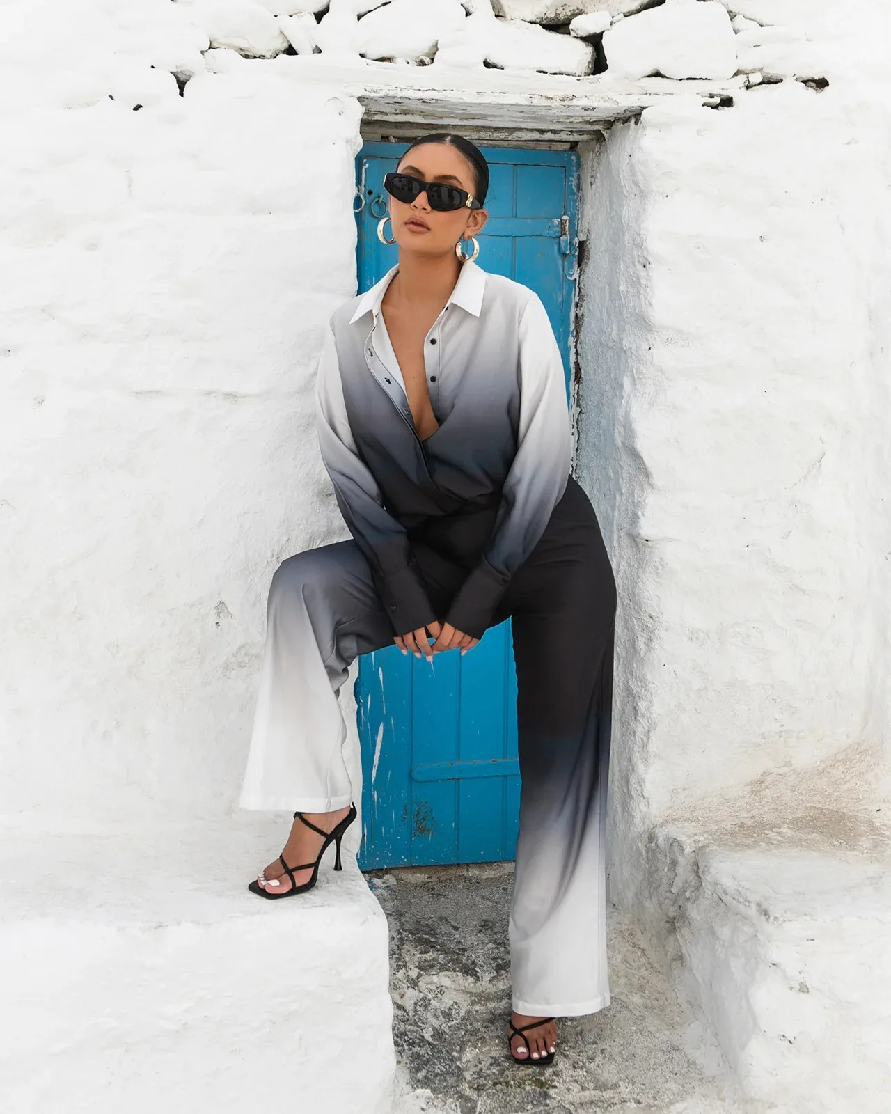 Womens Suit Elegant Long Sleeve Shirt Straight Pants Two Piece Set Chic Street Womens Casual Loose Gradient Shirt 2 Piece Set 250715