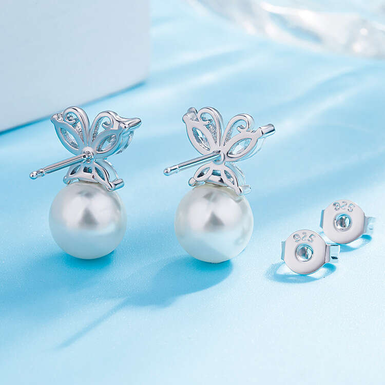 Korean Style Elegant Sier Fashion Inlaid Dia Butterfly Pearl Pendant Simple Fresh Earrings for Women