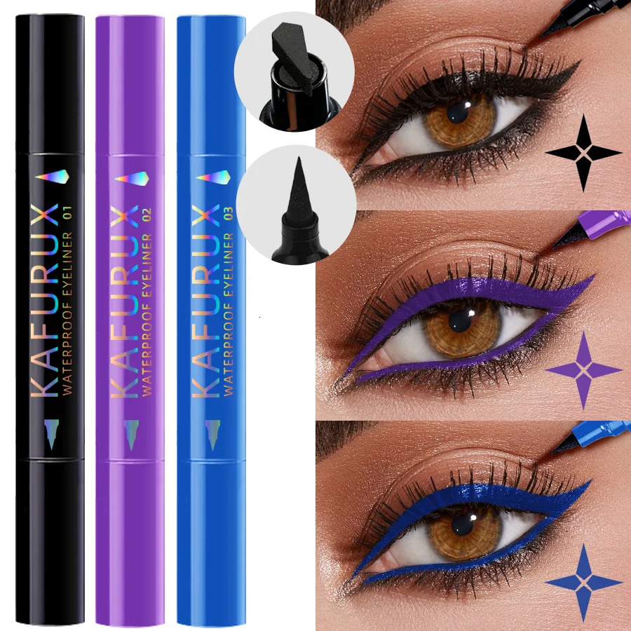 3 Colors Double Head Star Seal Eyeliner Waterproof Stamp Pen Black Blue Purple Eye Liner Pencil Fast Drying Lazy Eye Makeup 250717