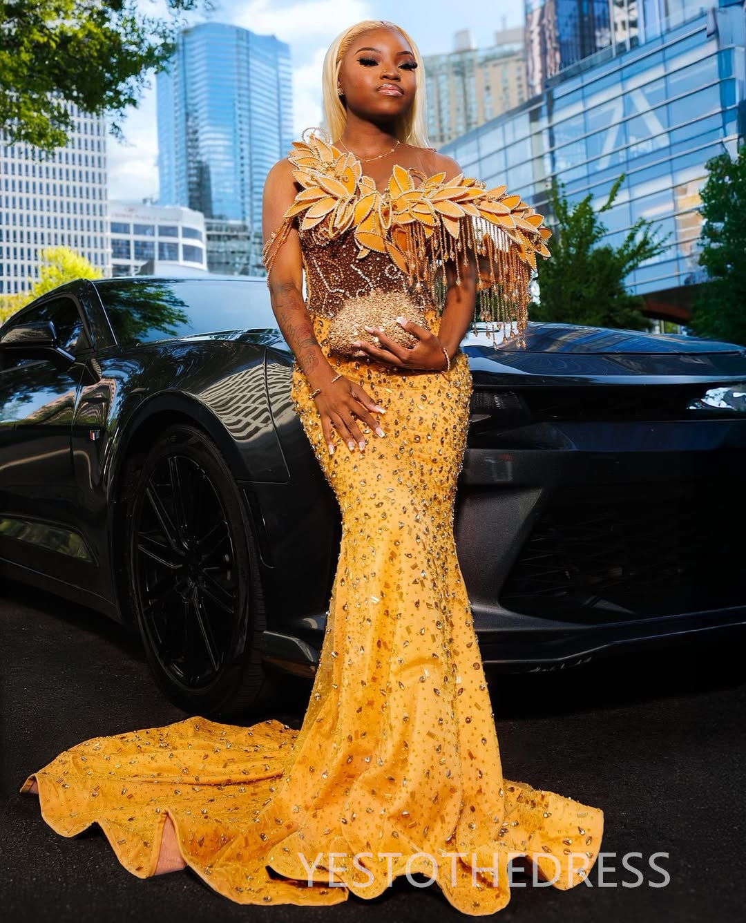 2025 African Gold Aso Ebi Prom Dress Mermaid Prom Dresess Evening Formal Gown Sheer Neck Beaded Lace Rhinestone Birthday Second Reception Gown For Bla