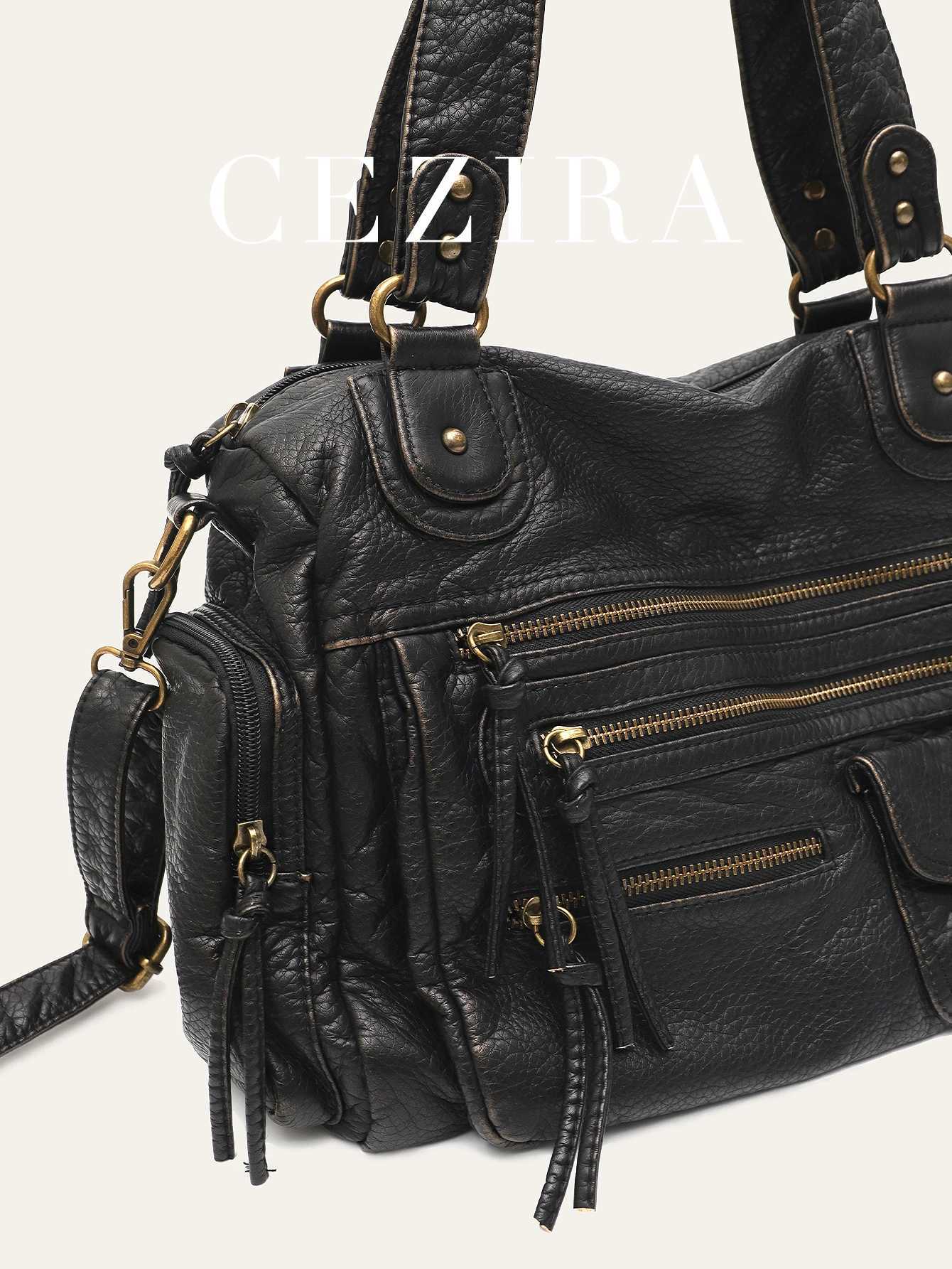 Vintage Wen Unisex B-off Color Wed PU Vegan Leather Zip Pockets Shoulder Crossbody Bag Large Casual Daily Travel Y250718