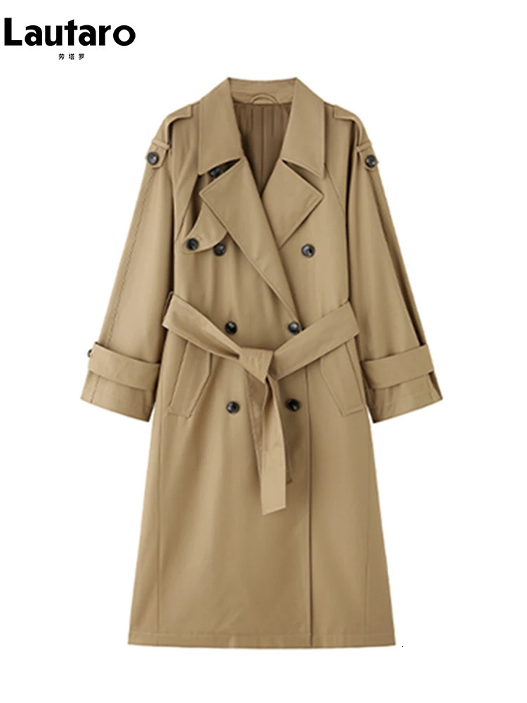 Lautaro Spring Autumn Oversized Khaki Long Grey Trench Coat for Women Double Breasted Loose Casual Korean Fashion Overcoat 250715
