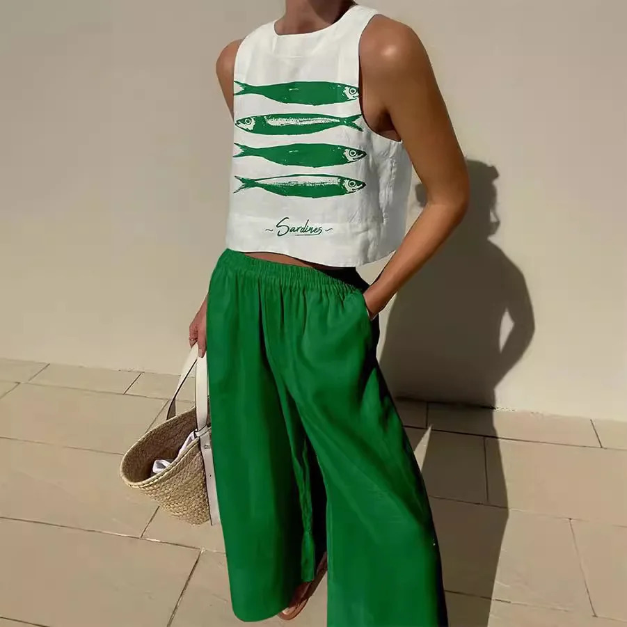 2025 Summer Womens Fashion Trousers Suit Casual Printed Sleeveless Vest Wide-leg Trousers Womens Outing Versatile Style Suit 250715