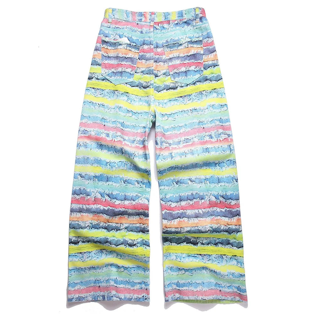 Men Y2K Wide Leg Jeans Colored Stripe Printed Pants Loose Cotton Denim Trousers 250716