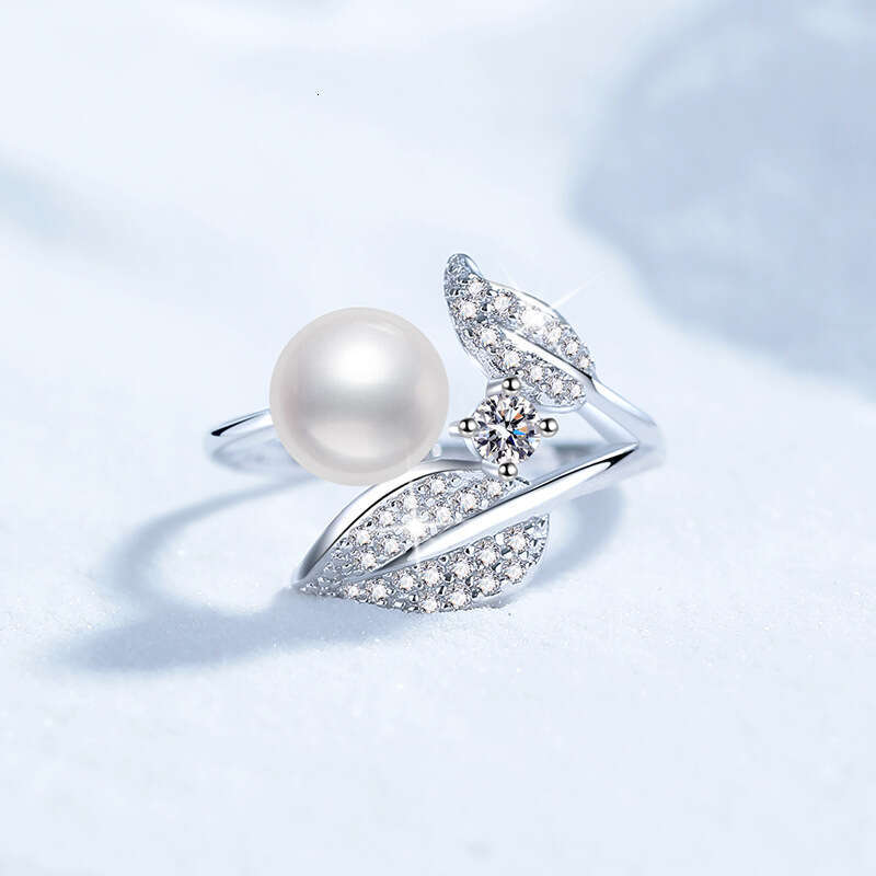 S Pure Silver Moissanite Women Petal Freshwater Pearl Adjustable Ring 47a