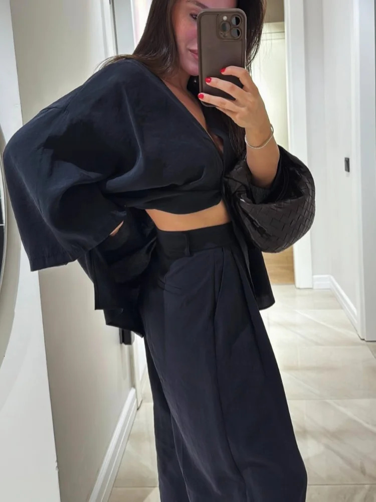 Loose Solid Cotton Linen Pants Sets Casual Buttons Half Sleeve V-neck Shirts Suits 2025 Female High Street Outfits Summer 250715