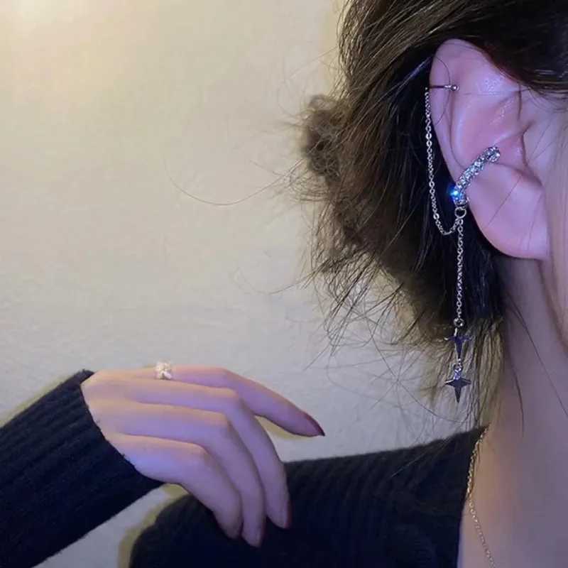 Shiny Silver Color Crystal Tassel Non-Piercing Cuff Ear Clip Earring For Women Rhinestone Star Fake Cartilage Piercing Jewelry XJ250718