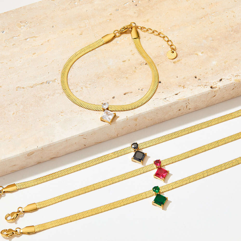 Blogger Single Dia Rhombus Zircon Stainless Steel Clavicle Chain Women's Color-Retaining Flat Snake Bone Bracelet Jewelry