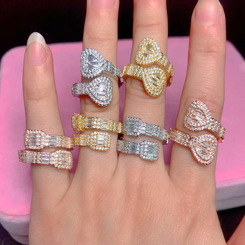 Iced Out Bling Square Heart CZ Adjustable Size Ring Gold Silver Color Micro Pave Rings Hip Hop for Men and Women Jewelry 250717