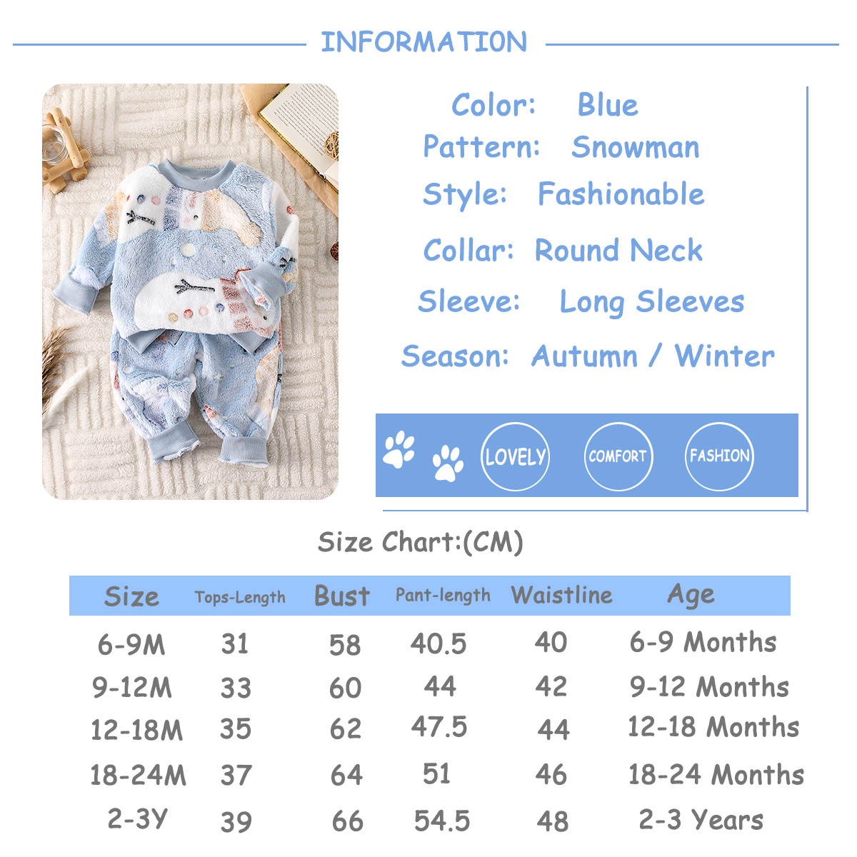 Baby Boy Two-Piece Outfit with Cute Cartoon Snowmen Design - Long Sleeve Top and Trousers for Cold Weather