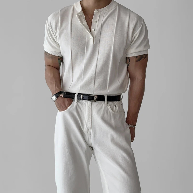 Fashion Men Henry Collar T-Shirt Leisure Knit Short Sleeve Tops Korean Style Summer Stretchy Breathable Fitness Tees 250715