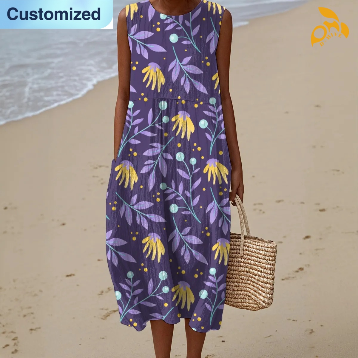 free shipping designer of customized Loose full-body printed sleeveless women's dress with exquisite patterns from US