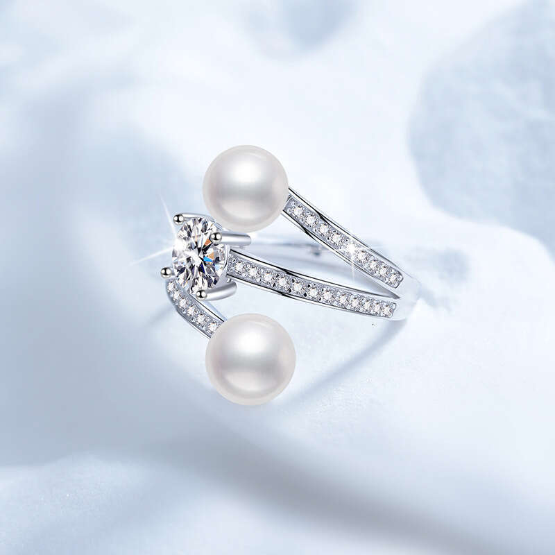 S Pure Moissanite for Women Natural Freshwater Pearl Adjustable Silver Ring 624
