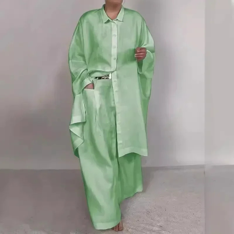 Women 2pcs Clothes Set Loose Solid Color Long Shirt Wide Leg Pants Two-Piece Set Single Breasted 250715