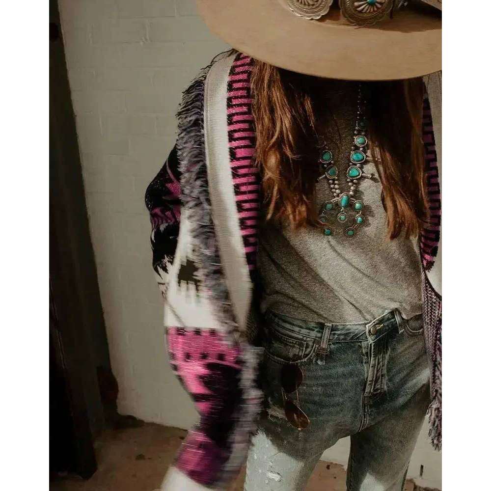 Designer Clothing Boho Inspired Cosmic Pattern Fringed Edge Cardigan Cashmere Warm Sweaters Belt Tied Winter Clothes Women Fashion