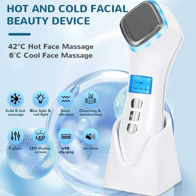 Red Blue Light Vibration Facial Massager Beauty Lifting Device Tighten Wrinkle Removal Hot Cool Face Skin Care