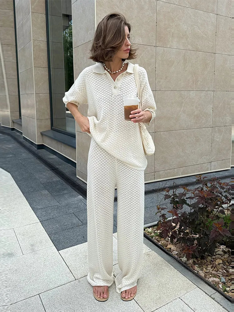 Fashion Knit Long Pants 2 Piece Sets Woman Outfit Casual Polo Neck Half Sleeve Shirt Wide Leg Trousers Suit 2025 Lady Set 250715