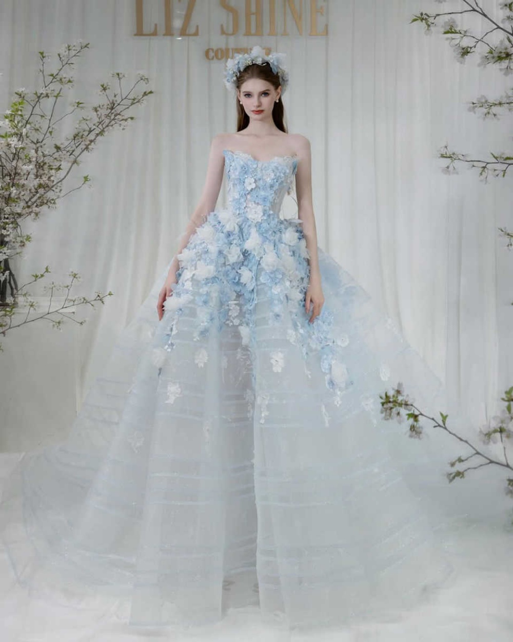 Fairy High Grades Party Evening Dress Appliques Blue Petal Strapless Lace A-Line Princess Bridal Gowns Customized