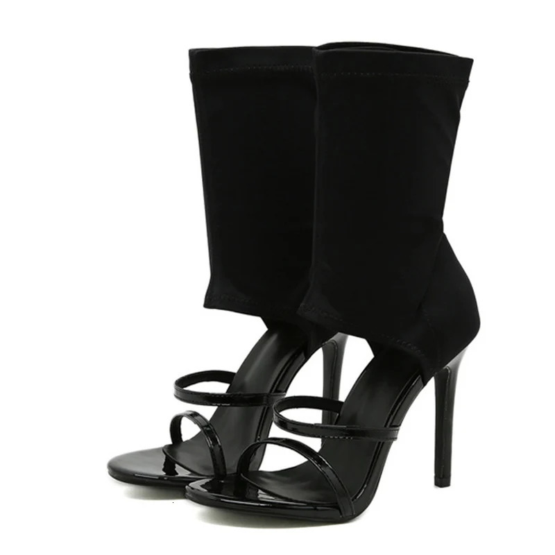 Liyke Summer Fashion Open Toe Slip-On Elastic Boots Sandals Women Sexy White Cut-Out Thin High Heels Ankle Booties Shoes 250714