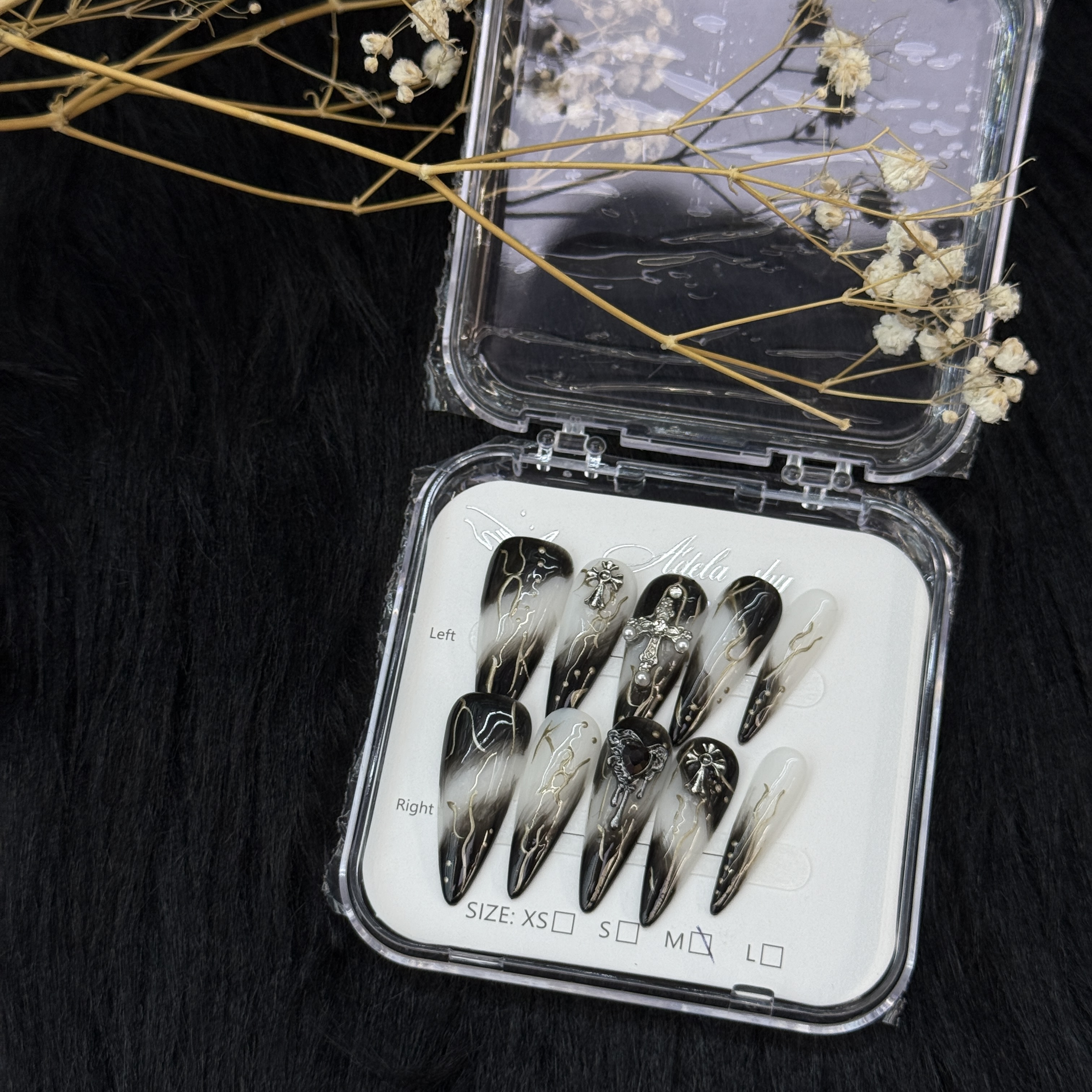10Pcs Gothic Ombre Cross Press-On Nails - Black & White Punk Manicure Set