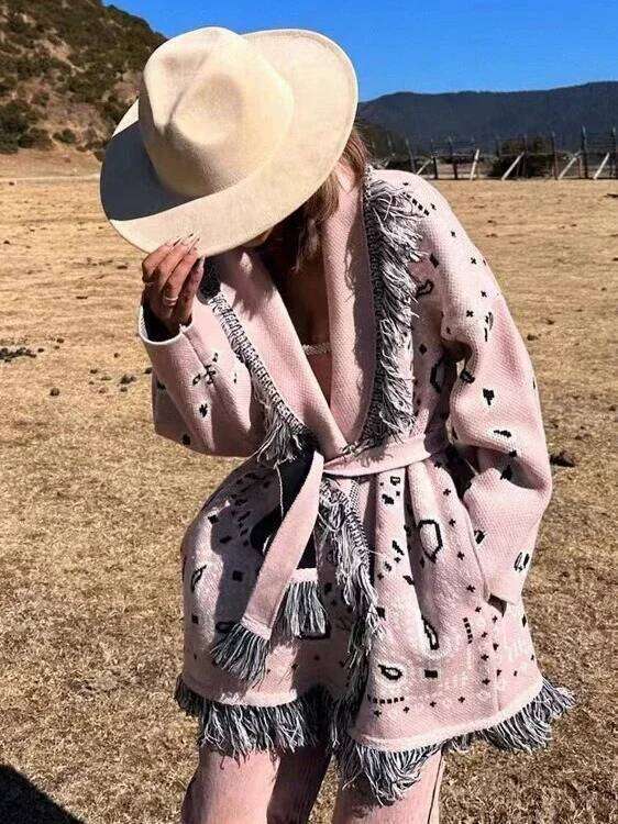 Designer Clothing Boho Inspired Women's Elegant Belt Cashmere Women High Quality Wool Tassels Jacquard Grey Knit Cardigan Long Oversized Fashion