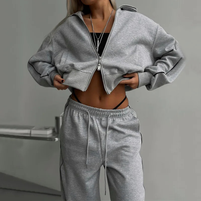 Autumn Fashion Long Sleeve Sports Womens Suit Casual Turn-down Collar Zipper Tops And Loose Wide Leg Pants Female Two Piece Set 250714