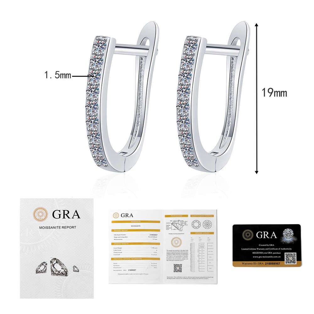S Sier Moissanite Single Row Full Dia U-shaped Hoop Ear Clip Niche Earrings 2a5